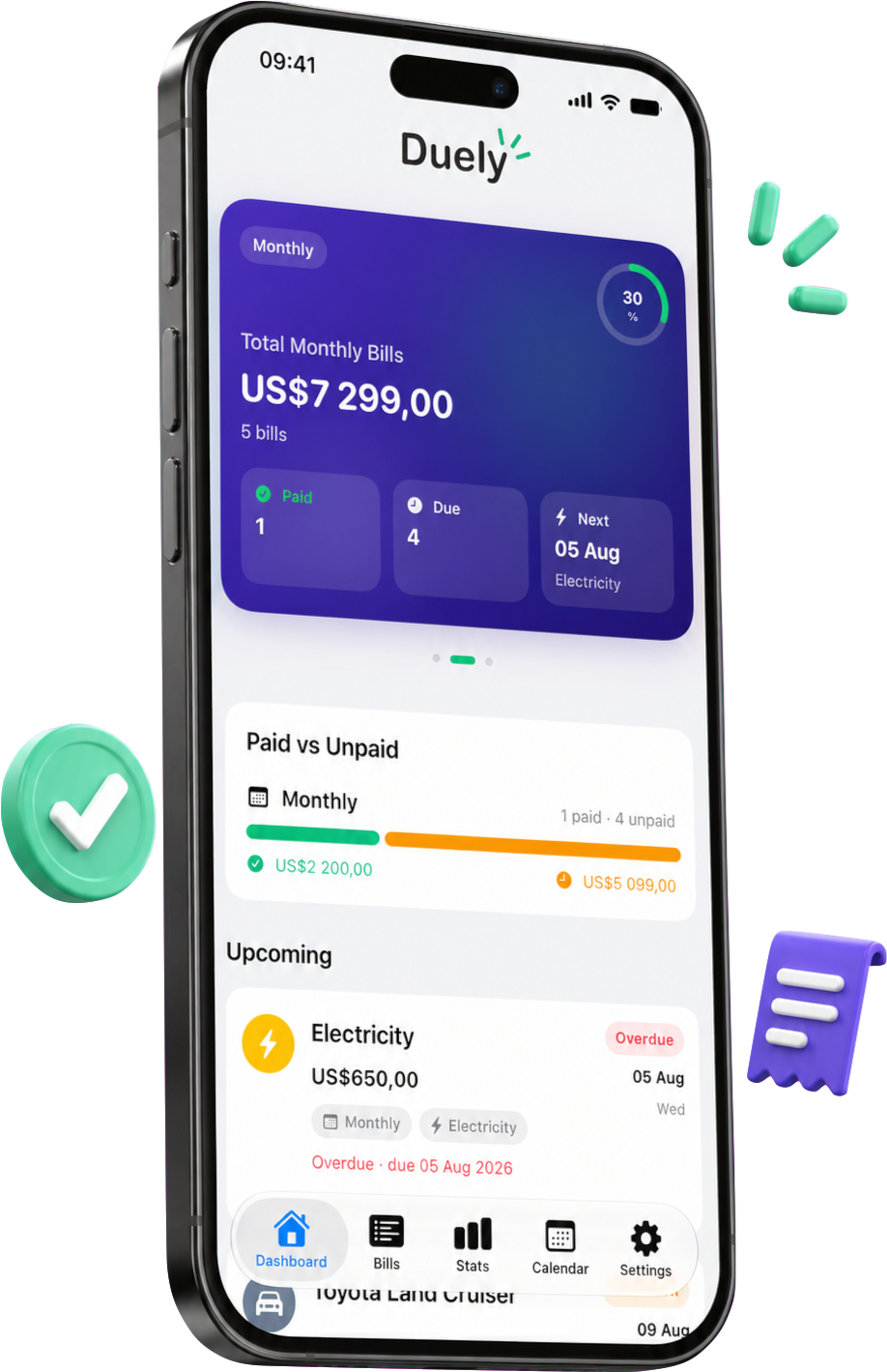 Duely app dashboard on iPhone